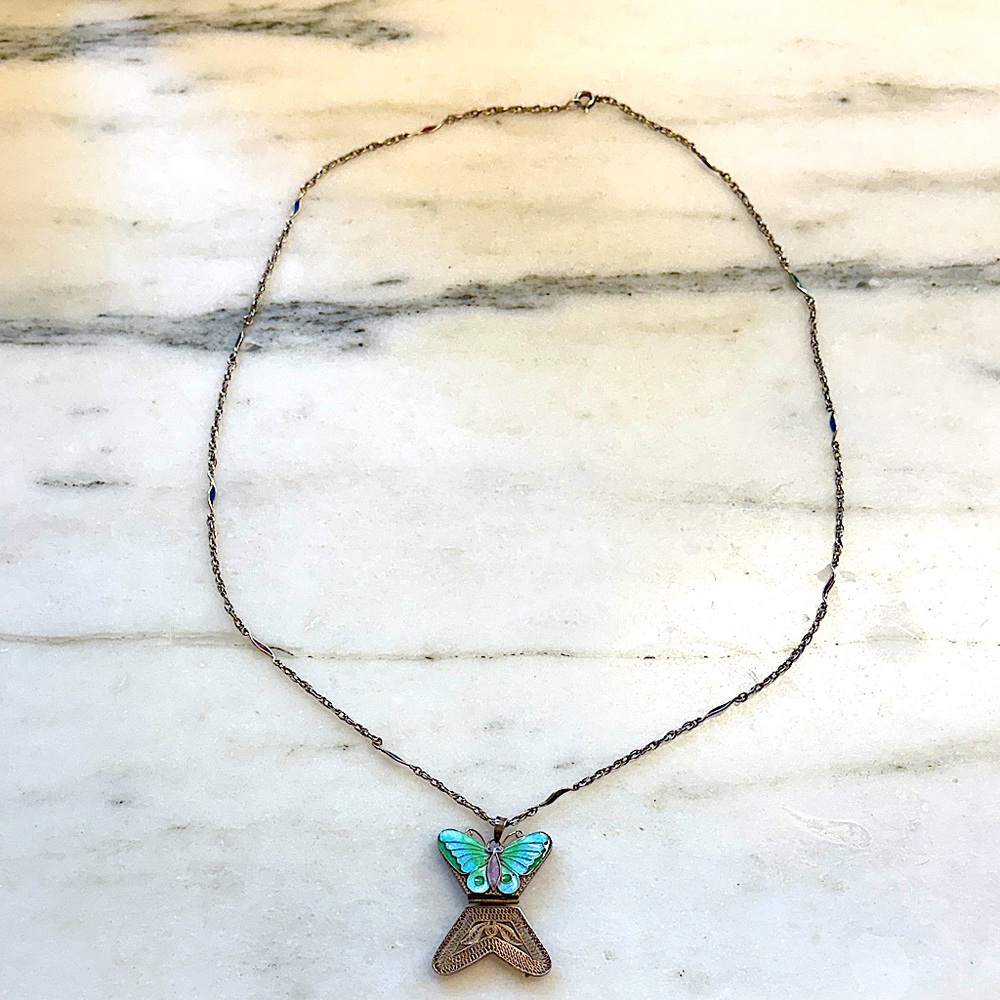 Vintage Chinese Cloisonné butterfly necklace, stamped silver (china)